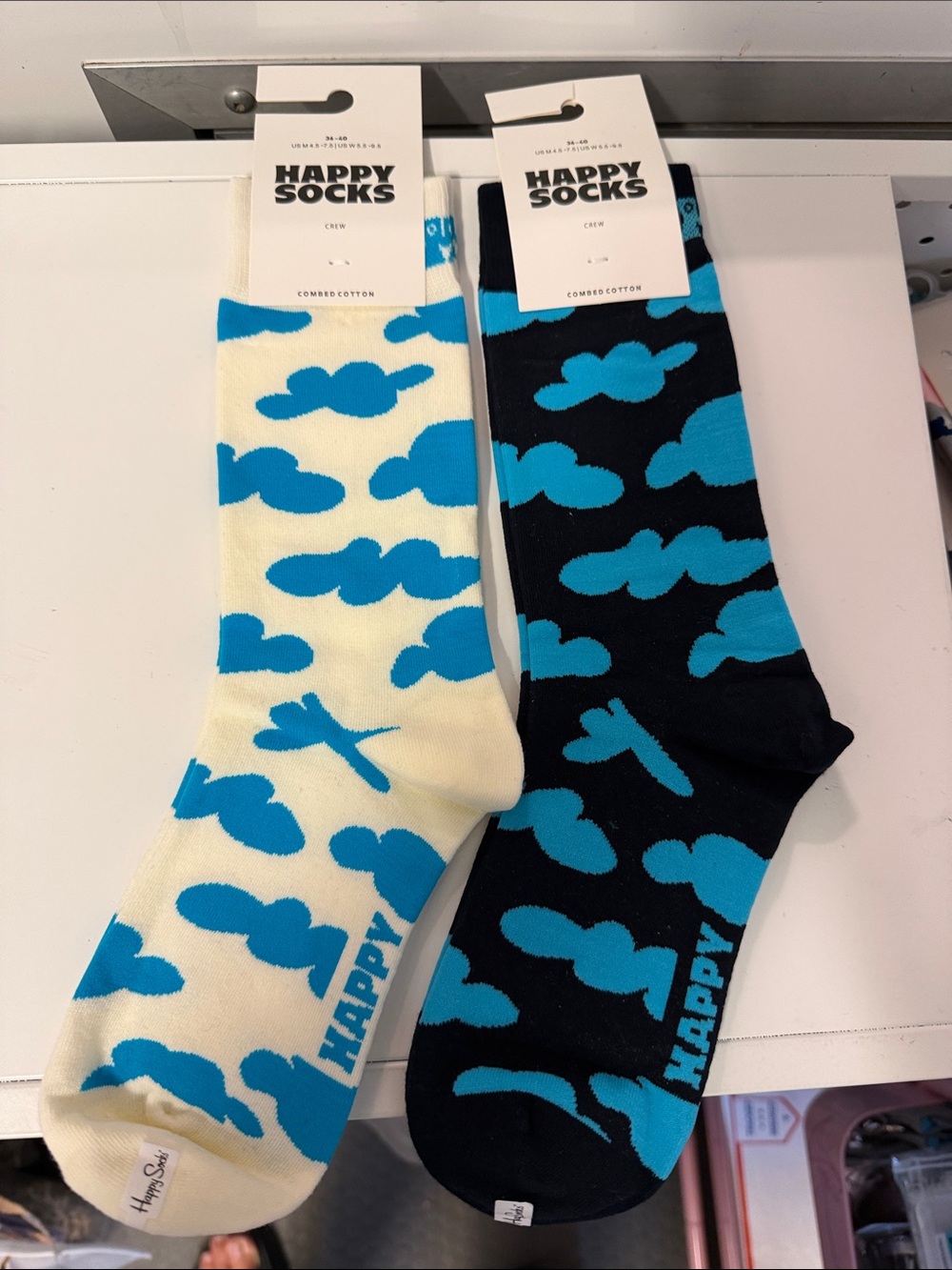 Happy Socks Cloud Crew Socks in Bright Blue on Black & Cream unisex 2 pair